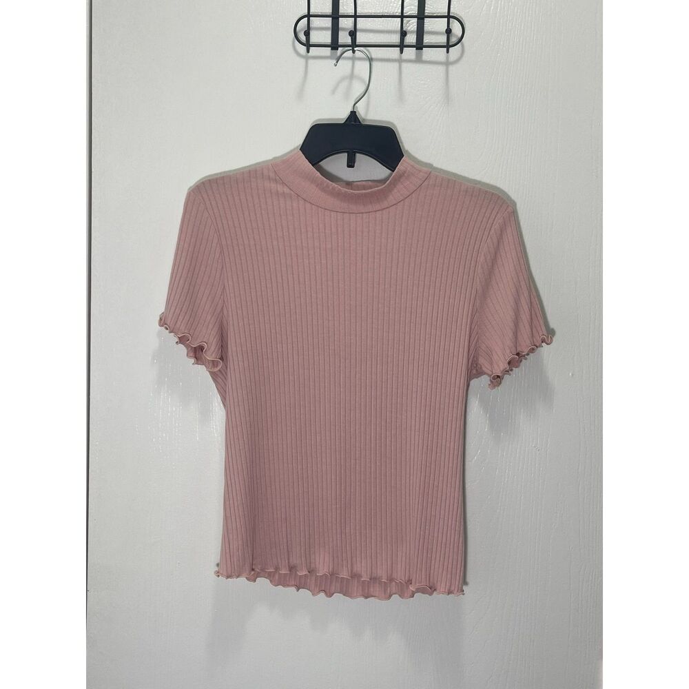 Candie's Women's Pink Ribbed Lettuce Hem Mock Neck Top
